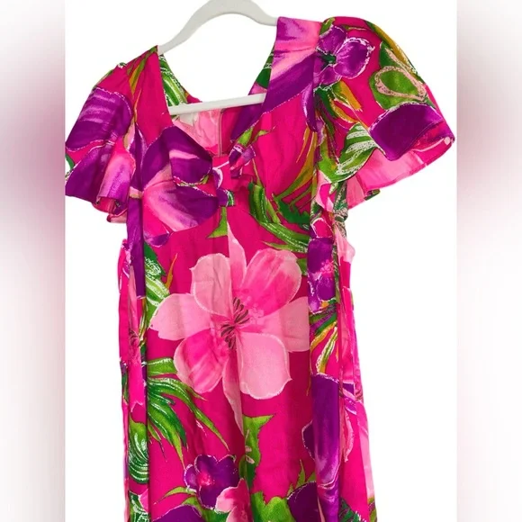 Vtg 60's Pink Magenta Floral Barkcloth Empire Waist Muumuu Dress Tie Back - XS - Picture 4 of 9